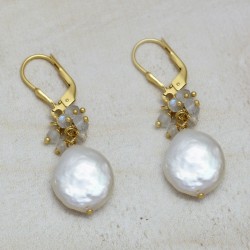 Brass Gold Plated Pearl, Rainbow Gemstone Clip On Earrings- A1E-179