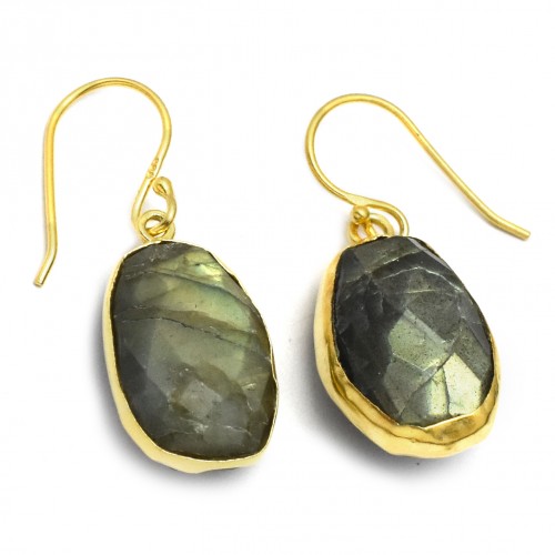 925 Sterling Silver Gold Plated Labradorite Gemstone Dangle Earrings- A1E-1817