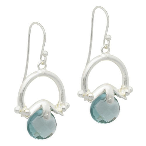 Brass Silver Plated Blue Topaz Gemstone Dangle Earrings- A1E-189