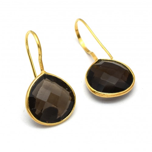 925 Sterling Silver Gold Plated Smoky Gemstone Dangle Earrings- A1E-1987