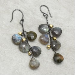 925 Sterling Silver Black Rhodium Plated Labradorite Gemstone With Gold Plated Hand-Cut Metal Beads Dangle Earrings- A1E-2017