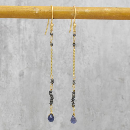 Brass Gold Plated Iolite, Pyrite Gemstone Drop, Dangle Earrings- A1E-2021