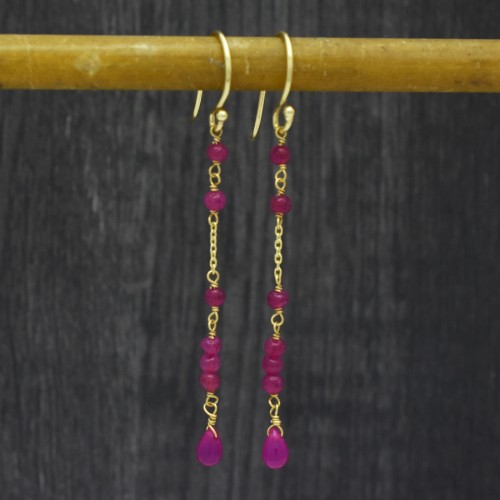 Brass Gold Plated Pink Quartz Gemstone Dangle Earrings- A1E-2021