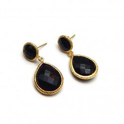925 Sterling Silver Gold Plated Hammered Metal Black Onyx Gemstone Stud Earrings- A1E-2046