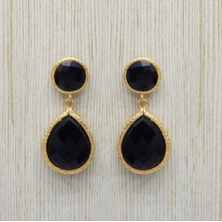 925 Sterling Silver Gold Plated Hammered Metal Black Onyx Gemstone Stud Earrings- A1E-2046