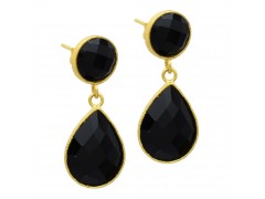 925 Sterling Silver Gold Plated Black Onyx Gemstone Stud Earrings- A1E-2046