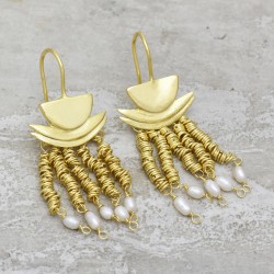 Brass Gold Plated Pearl Gemstone Dangle Earrings- A1E-206