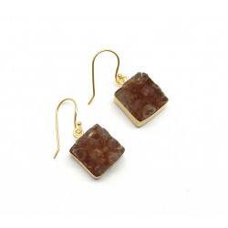Brass Gold Plated Brown Druzy Gemstone Dangle Earrings- A1E-209