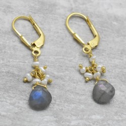 925 Sterling Silver Gold Plated Rose Quartz, Labradorite, Lemon Topaz With Pearl Beads Gemstone Clip On Earrings- A1E-247