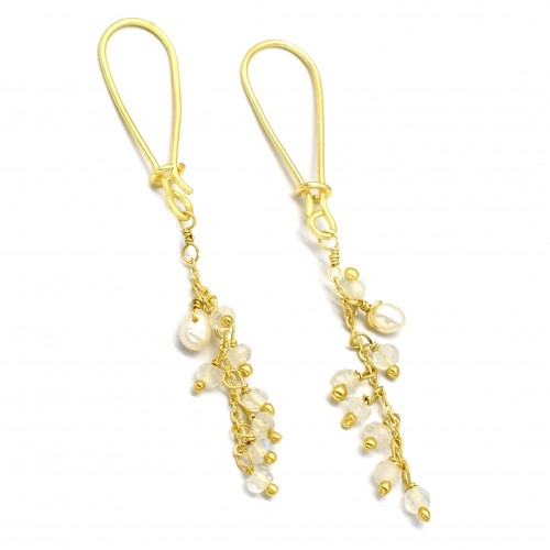 Brass Gold Plated Pearl And Rainbow Gemstone Dangle Earrings- A1E-313