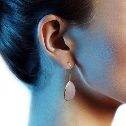 Brass Gold Plated Rose Quartz, Black Onyx, Turquoise Gemstone Dangle Earrings- A1E-314