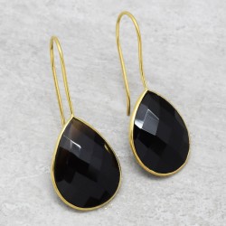 Brass Gold Plated Rose Quartz, Black Onyx, Turquoise Gemstone Dangle Earrings- A1E-314