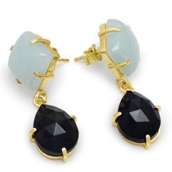 Brass Gold Plated Aqua Chalcedony, Black Onyx Gemstone Stud Earrings- A1E-340