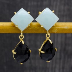 Brass Gold Plated Aqua Chalcedony, Black Onyx Gemstone Stud Earrings- A1E-340