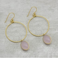 Brass Gold Plated Rose Quartz Gemstone Dangle Earrings- A1E-342
