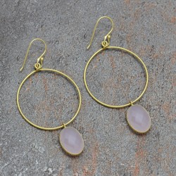 925 Sterling Silver Gold Plated Rose Quartz Gemstone Dangle Earrings- A1E-342
