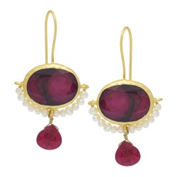 Brass Gold Plated Color Enhanced Ruby And Pearl Gemstone Drop Dangle Earrings- A1E-3511