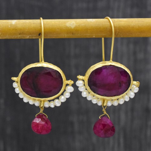 Brass Gold Plated Color Enhanced Ruby And Pearl Gemstone Drop Dangle Earrings- A1E-3511