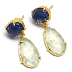 925 Sterling Silver Gold Plated Tanzanite, Prehnite Gemstone Stud Earrings- A1E-3512