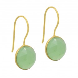 Brass Gold Plated Green Chalcedony Gemstone Dangle Earrings- A1E-3513