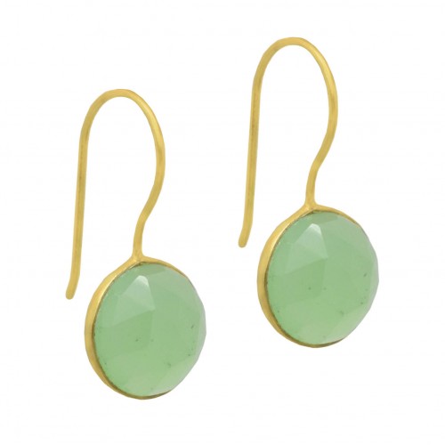 925 Sterling Silver Gold, Silver Plated Green Chalcedony Gemstone Dangle Earrings- A1E-3513