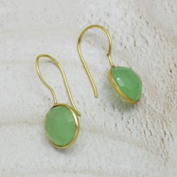 Brass Gold Plated Green Chalcedony Gemstone Dangle Earrings- A1E-3513