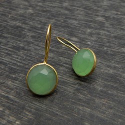 925 Sterling Silver Gold, Silver Plated Green Chalcedony Gemstone Dangle Earrings- A1E-3513