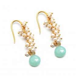 Brass Gold Plated Aqua Chalcedony, Pearl Gemstone Dangle Earrings- A1E-3514