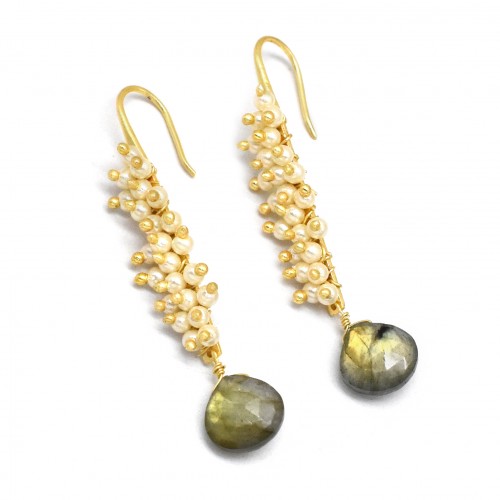 925 Sterling Silver Gold Plated Labradorite, Pearl Gemstone Dangle Earrings- A1E-3514