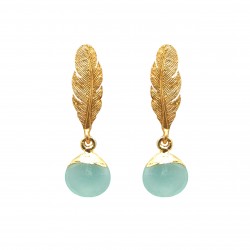 Brass Gold Plated Aqua Chalcedony Gemstone Stud Earrings- A1E-377