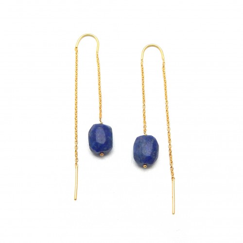 925 Sterling Silver Gold Plated Lapis Gemstone Dangle Earrings- A1E-394