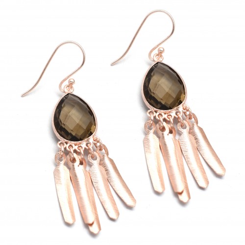 Brass Rose Gold Plated Smoky Gemstone Dangle Earrings- A1E-396