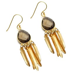 925 Sterling Silver Gold Plated Smoky Gemstone Dangle Earrings- A1E-396