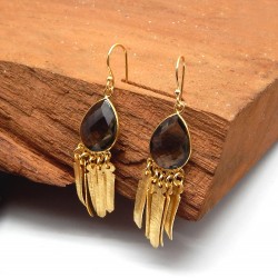 925 Sterling Silver Gold Plated Smoky Gemstone Dangle Earrings- A1E-396