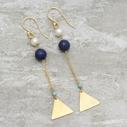Brass Gold Plated Pearl, Lapis, Turquoise Gemstone Dangle Earrings- A1E-400