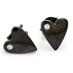 925 Sterling Silver Black Rhodium Plated Heart Shape Metal With White CZ Gemstone Stud Earrings- A1E-4052