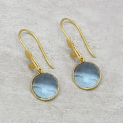 925 Sterling Silver Gold Plated Blue Crystal Gemstone Dangle Earrings- A1E-4056