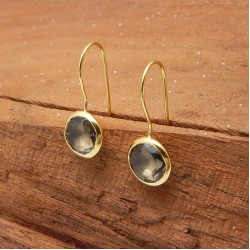 925 Sterling Silver Gold Plated Smoky, Prehnite Gemstone Dangle Earrings- A1E-4063