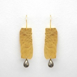 Brass Gold Plated Hammered Metal With Pyrite Gemstone Dangle Earrings- A1E-4089