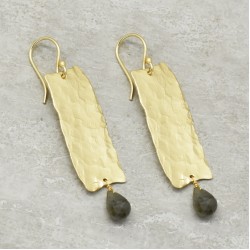 Brass Gold Plated Hammered Metal With Labradorite Gemstone Dangle Earrings- A1E-4089