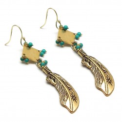 Brass Gold Oxidized Plated Turquoise Gemstone Dangle Earrings- A1E-4169
