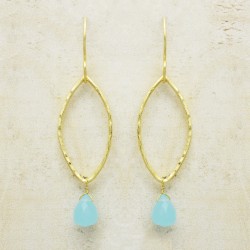 Brass Gold Plated Aqua Chalcedony Gemstone Dangle Earrings- A1E-4202
