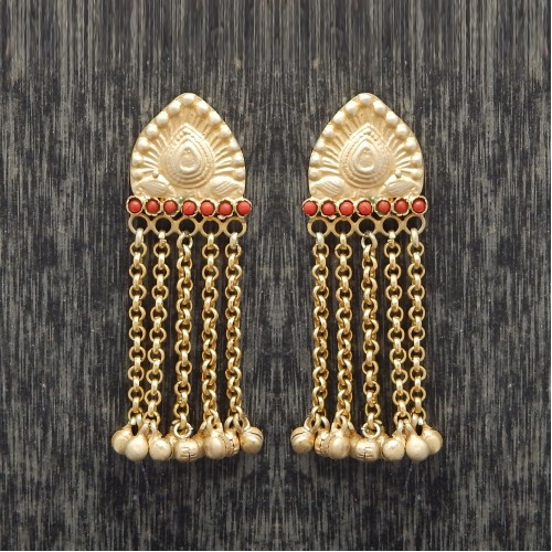 Brass Gold Plated Coral Gemstone Stud Earrings- A1E-4221