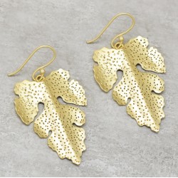 Brass Gold Plated Metal Leaf Dangle Earrings- A1E-4257