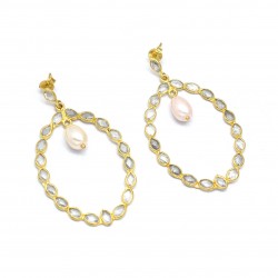 Brass Gold Plated Polki, Pearl Gemstone Stud Earrings- A1E-4334