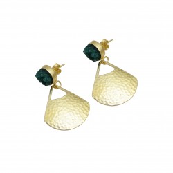 Brass Gold Plated Green Druzy Gemstone Stud Earrings- A1E-4344