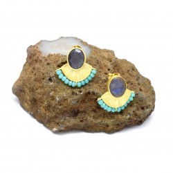 Brass Gold Plated Labradorite, Aqua Chalcedony Gemstone Stud Earrings- A1E-4365