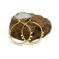 Brass Gold Plated Aqua Chalcedony Gemstone Round Hoop Earrings- A1E-4366