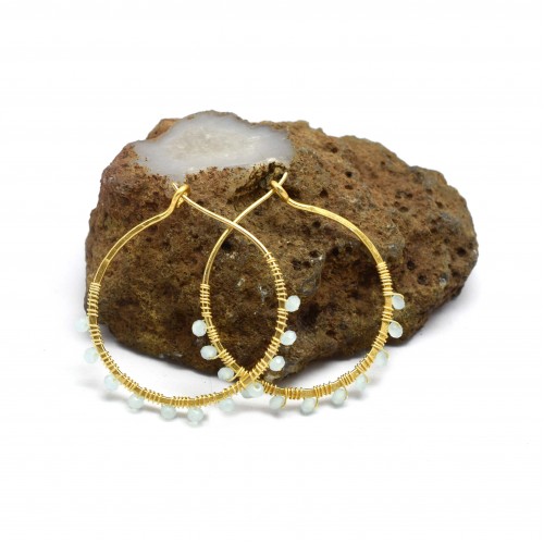 Brass Gold Plated Aqua Chalcedony Gemstone Round Hoop Earrings- A1E-4366