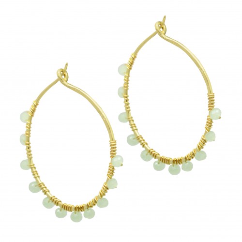 925 Sterling Silver Gold Plated Green Chalcedony, Pearl Gemstone Round Hoop Earrings- A1E-4366
